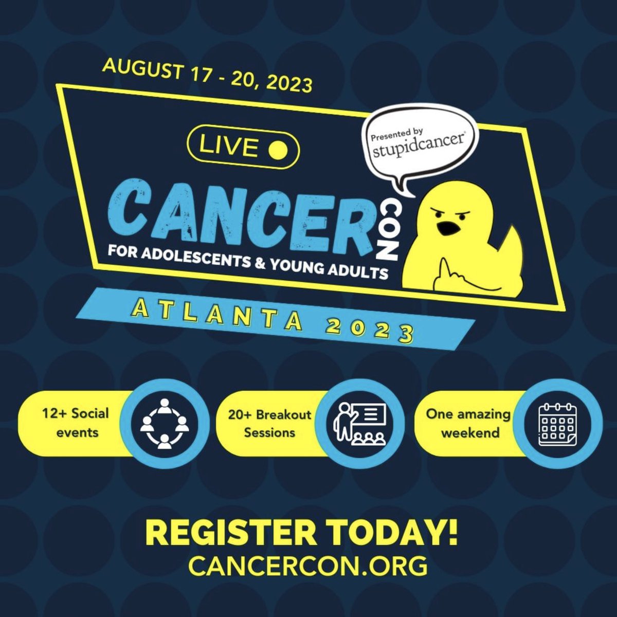 SurvivorsDay's tweet photo. If you’re an adolescent or young adult affected by cancer, @StupidCancer is having their annual CancerCon in Atlanta on August 17-20th.
#CCL23 #AYAware #AYA #CancerCon #AYAcancer #AYAcancersurvivors
https://t.co/21O47GaL3l https://t.co/Lmww8gGxPB