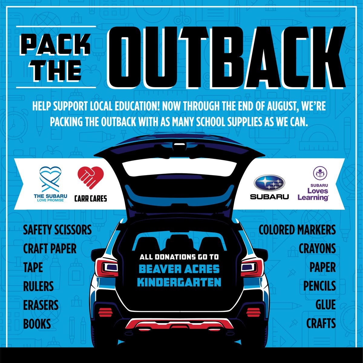 Help us relieve teachers of the financial burden of supplying students with school necessities and fill an Outback to the brim with pencils, watercolors, and more! #SubaruLovesLearning