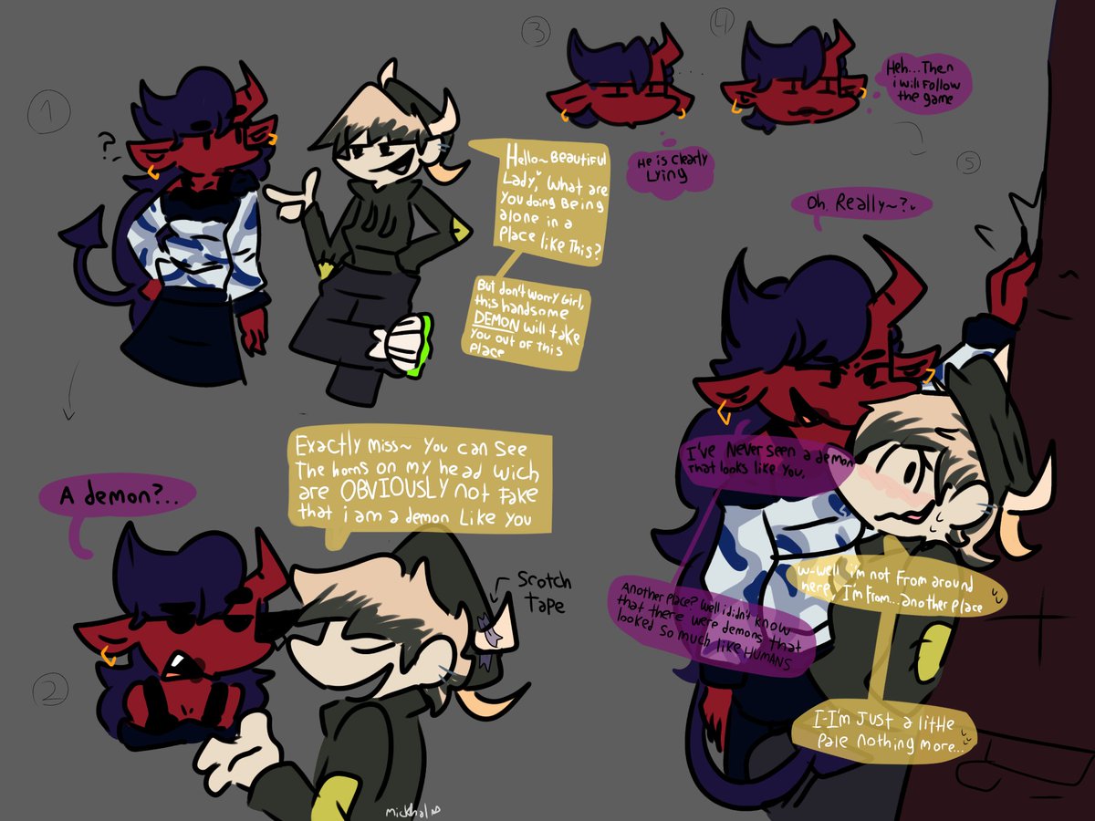 mickhal2308's tweet photo. This looked better in my head, but here is another drawing that I came up with of these two (and sorry if there are errors in the dialogues my english is not very good ;-;)
@FNFHELLBEATS
#fnf #fnfhellbeats #hellbeats #fridaynightfunkin #fnfgirlfriend #fnfboyfriend #bfxgf https://t.co/nQrTEmjYQs