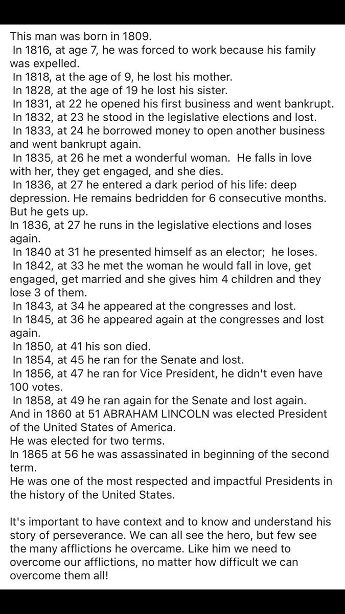Rebel1946's tweet photo. Abe Lincoln didn’t know the meaning of giving up—overcame phenomenal odds to finally succeed. What an inspirational man. https://t.co/51ozWwAgNi