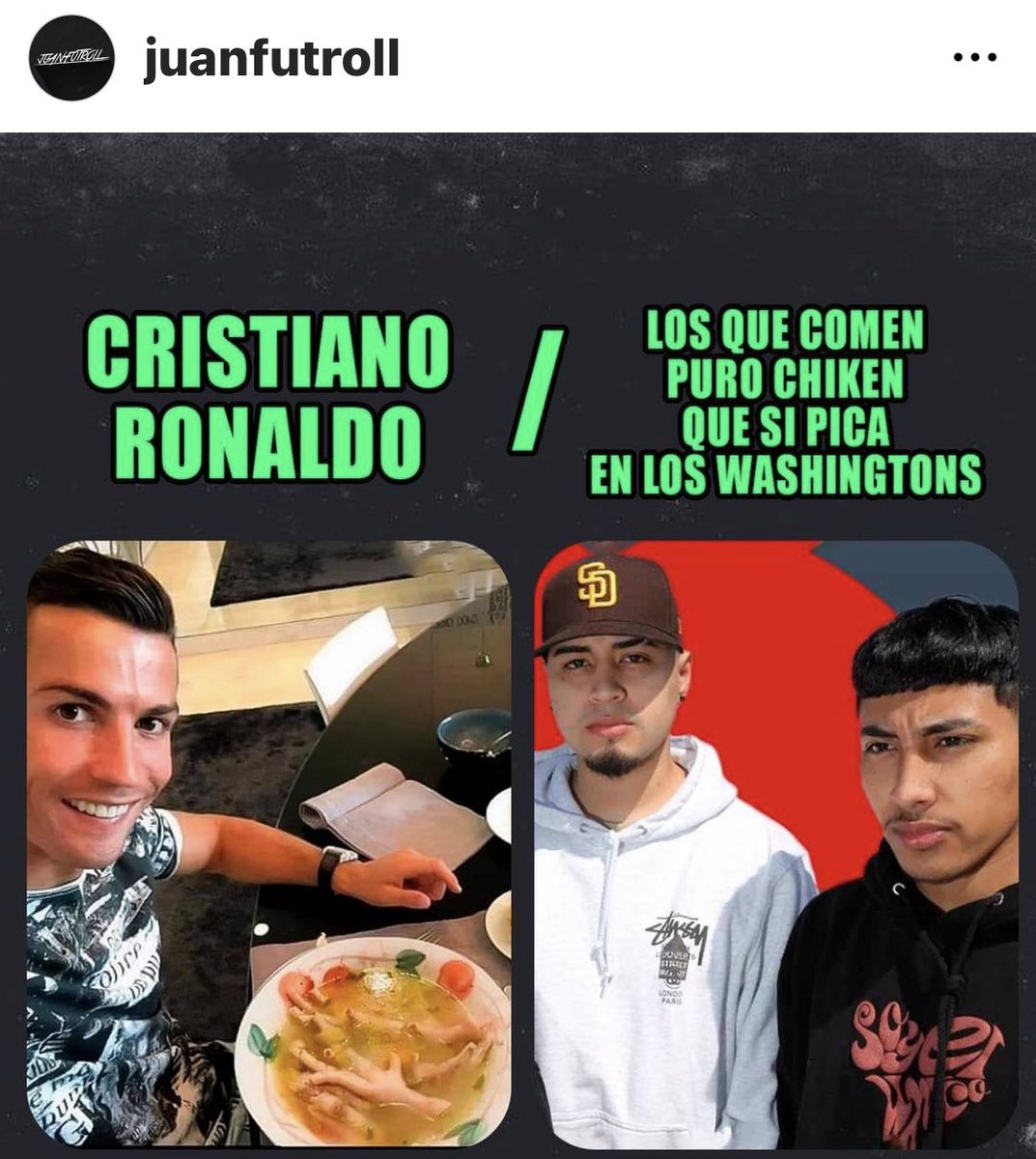 chicotemi2's tweet photo. @RafaeIRamosV @Pelagatos0  algunos pelagatos quejándose de refresco en bolsa y CR7 comiendo caldo de pata de pollo!!! #Respect  😂🤣😂🤣😅🤣 https://t.co/rF0TQ6iVPK