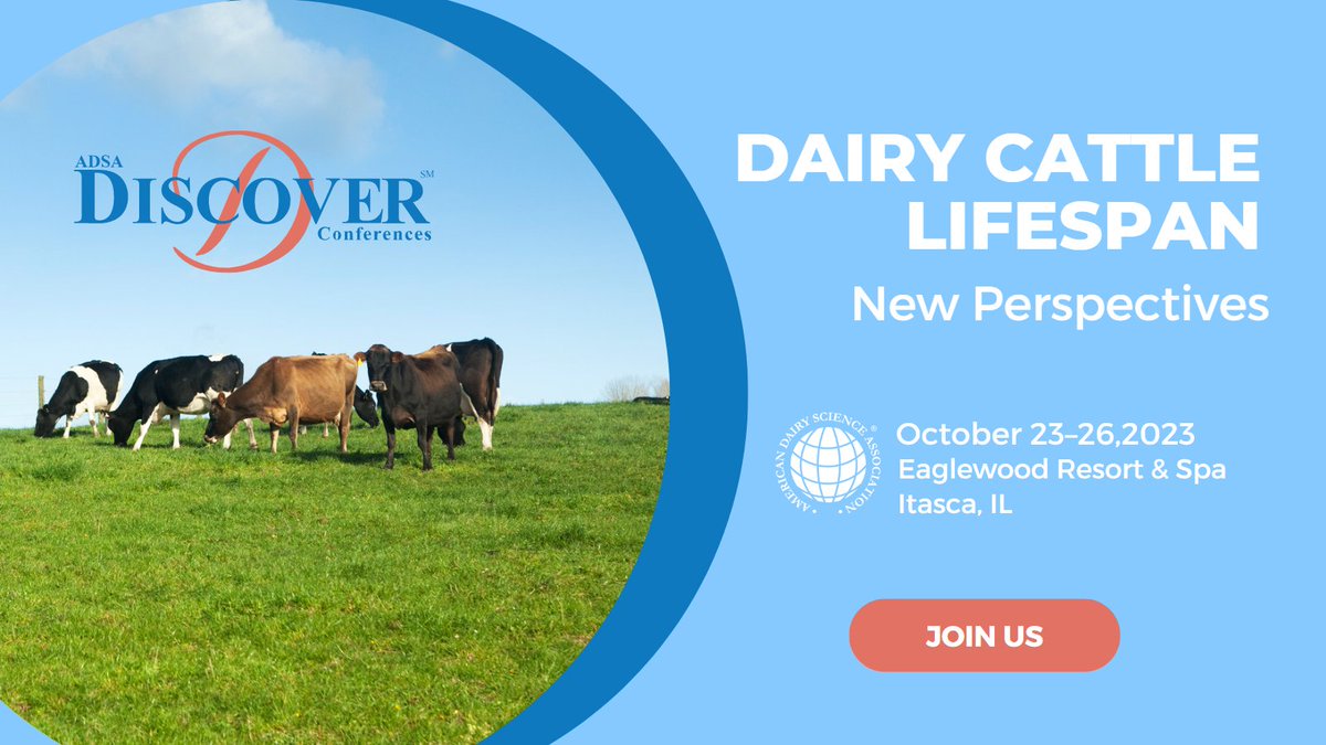 ADSAGSD's tweet photo. Can we change the productive lifespan of #dairycattle while benefitting cow welfare, farm profitability, environmental footprint, and consumer satisfaction? Join us for our #DiscoverConference this October as we focus on this critical topic ➡️ https://t.co/f9QAS8JFLo https://t.co/ZBtyRbEsDR