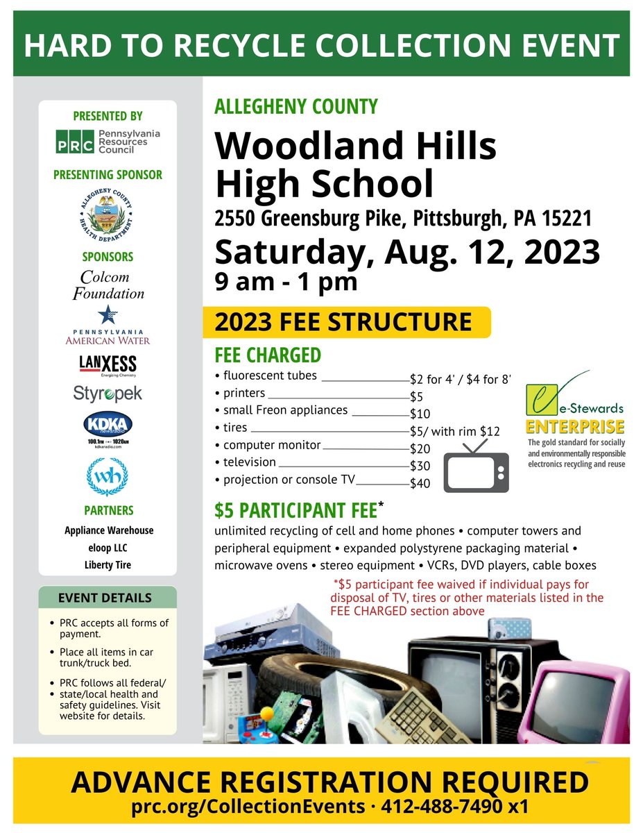 PRC_Litterbug's tweet image. Still time to register for Saturday's #HardToRecycle collection at Woodland Hills High School in Allegheny Co. Dispose of TVs...computers...tires...small #Freon appliances and more. Event sponsored by @HealthAllegheny. Learn more and register today: ow.ly/4zW750Pp3f3