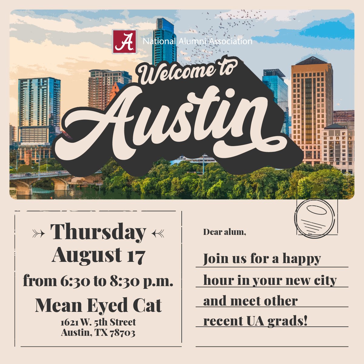Whether you've just moved to Austin or have been here a while, we want to meet you at Mean Eyed Cat next Thursday! We'll pass out drink tickets while you learn about the local chapter and meet other young alums. See you there! 🙌

eventbrite.com/e/welcome-to-t…