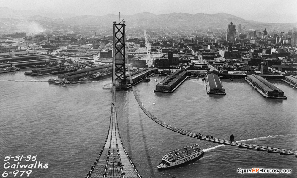 #tbt to a soaring view of the Port from a Bay Bridge tower in May 1935. Ferry boat Golden Gate passes underneath the catwalks. #throwbackthursday 📸: @OpenSFHistory / wnp37.02167
