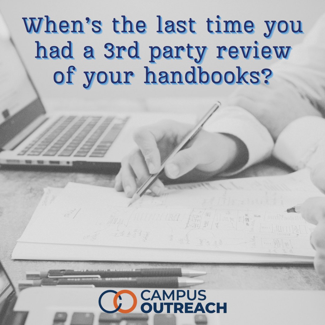 CampusOutreach's tweet photo. Are handbook audits on the continual back burner for your school? Jumpstart the process with key questions &amp; considerations that can augment any standard review by legal counsel. Join the experts for free Policy Review online workshops. 

Register: https://t.co/3Nh4BYZC5W https://t.co/EqaFCMAJzE
