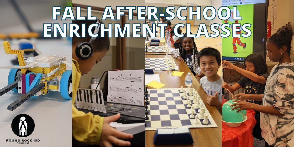 RoundRockISD's tweet photo. Register for hands-on after-school enrichment classes. 
😊 Enjoy up to 6 weeks of fun. 
👍 Options for students in grades K - 12.
🗓️ Classes start as soon as Sept 11.
➤ Save your spot. Register today. https://t.co/zoFcxdEBIK
Available at participating campuses and online. https://t.co/BHXEesGS0J
