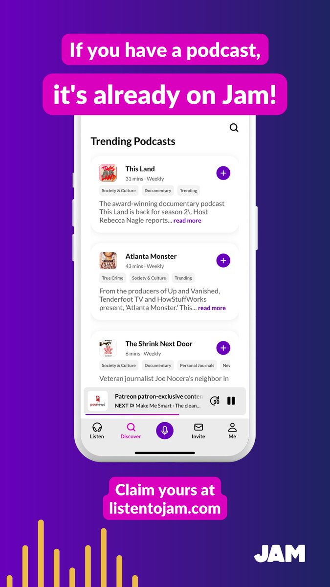 Did you know Jam has millions of podcasts – including yours? 🤯

Yup, your podcast is already here. And so are your listeners! 🎧

Connect with them here ➡️ listentojam.com
____
<a href="/rebeccanagle/">Rebecca Nagle</a> #ThisLand <a href="/Atlanta_Monster/">Atlanta Monster #AtlantaChildMurders</a> <a href="/TenderfootTV/">Tenderfoot TV</a> <a href="/PayneLindsey/">Payne Lindsey</a> <a href="/Podnews/">Podnews podcasting news</a> #podcastmovement