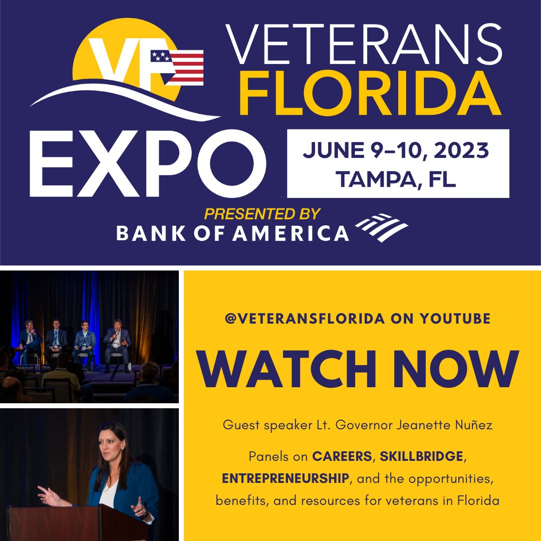 VetsFL's tweet photo. New 2023 Veterans Florida Expo videos are on our YouTube channel! Discover the opportunities, benefits, and resources that make Florida the nation's top state for veterans, servicemembers, and their families. Watch now at https://t.co/QE4EZM5jbG
#floridavets #veterans https://t.co/ZkFIc33Urm