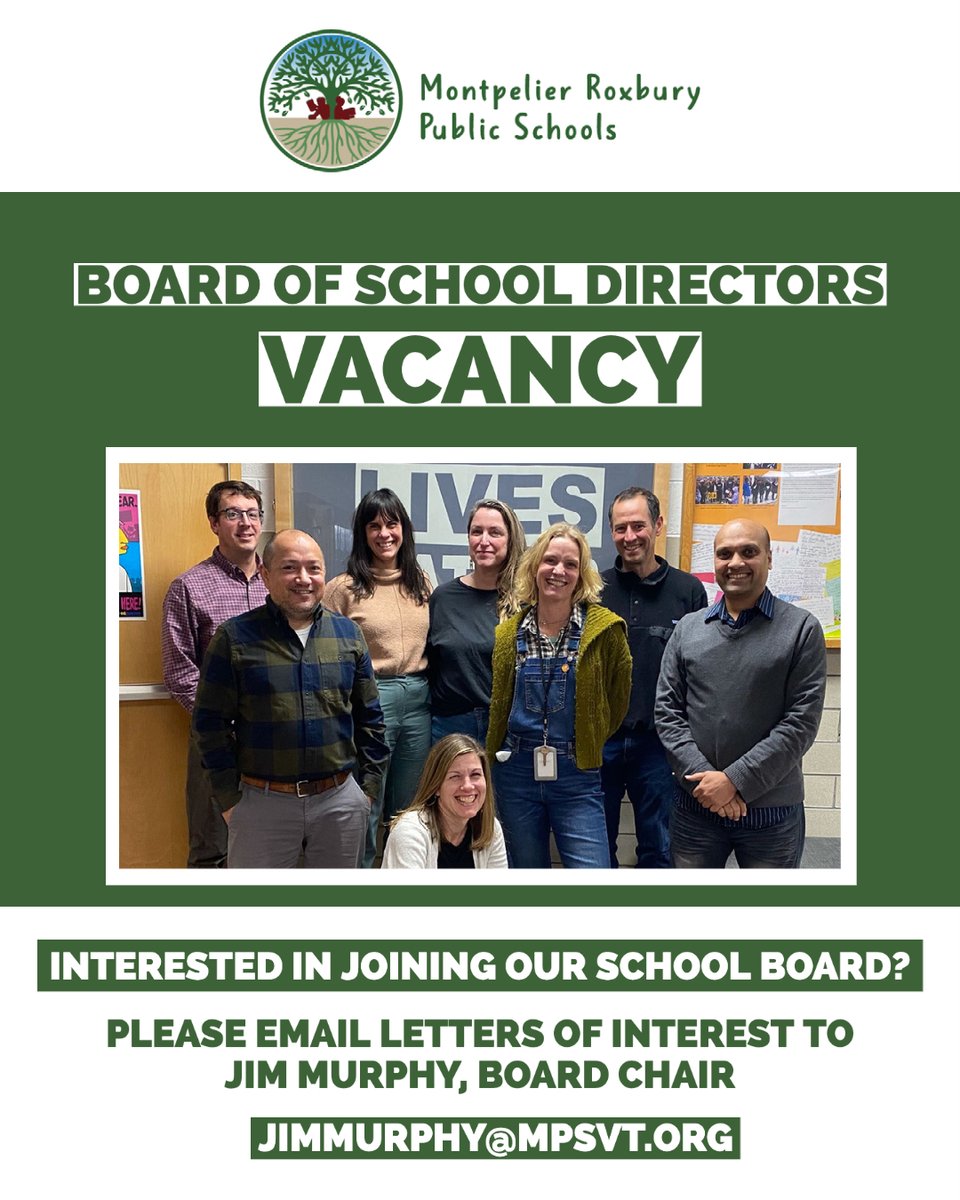 mrpsvt (@mrpsvt) on Twitter photo The #mrpsvt School Board has a vacancy that needs to be filled by the Board. The appointee will fill the seat until Town Election Day when the position will then be filled through election. Please send letters of interest to Jim Murphy, Board Chair, at jimmurphy@mpsvt.org. #vted The #mrpsvt School Board has a vacancy that needs to be filled by the Board. The appointee will fill the seat until Town Election Day when the position will then be filled through election. Please send letters of interest to Jim Murphy, Board Chair, at jimmurphy@mpsvt.org. #vted
