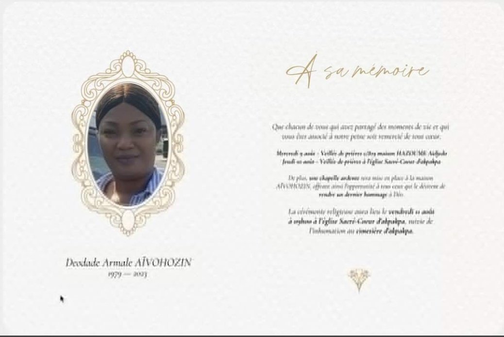 actualites229's tweet photo. 🇧🇯 Retrouvée morte le 21 juillet dernier à Grigny en France, la béninoise Deodade Armale Aïvohozin, âgée de 44 ans, sera inhumée demain vendredi 11 août 2023 au cimetière d'Akpakpa à Cotonou. https://t.co/ohfKYWKboc