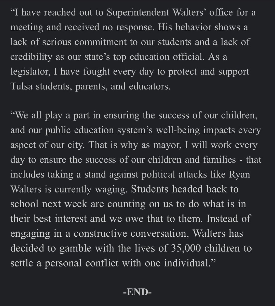 _natemorris's tweet image. Tulsa Mayoral Candidate Monroe Nichols just issued a statement condemning Ryan Walters’ attacks on Tulsa Public Schools.

“Instead of engaging in a constructive conversation, Walters has decided to gamble with the lives of 35,000 children…” @monroefortulsa said.

Full text ⬇️