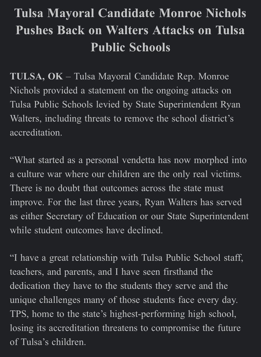 _natemorris's tweet image. Tulsa Mayoral Candidate Monroe Nichols just issued a statement condemning Ryan Walters’ attacks on Tulsa Public Schools.

“Instead of engaging in a constructive conversation, Walters has decided to gamble with the lives of 35,000 children…” @monroefortulsa said.

Full text ⬇️