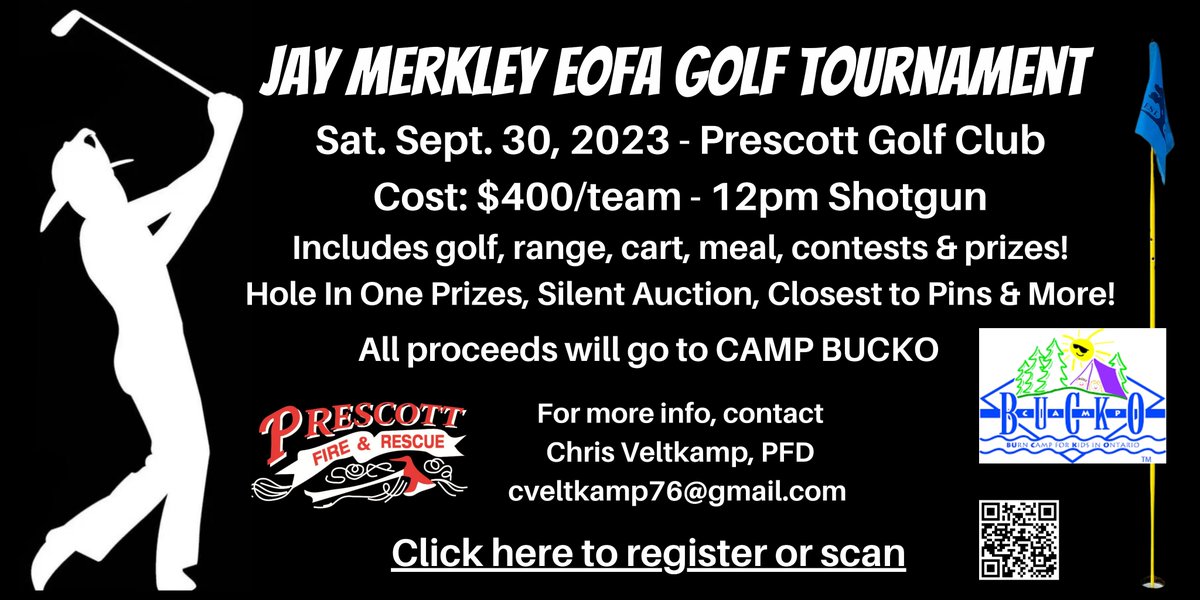 Jay Merkley EOFA Golf Tournament
Saturday September 30, 2023 ~ Prescott Golf Club.
All proceeds to CAMP BUCKO
docs.google.com/.../1FAIpQLScj…