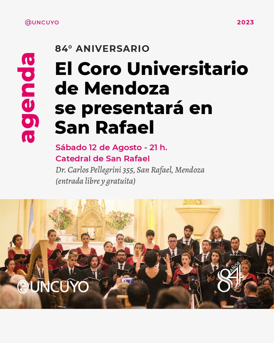 #Agenda de actividades por nuestro 84° aniversario 🎉

🎶El Coro Universitario de Mendoza se presentará en San Rafael con entrada libre y gratuita.🎟️

¡Te esperamos!