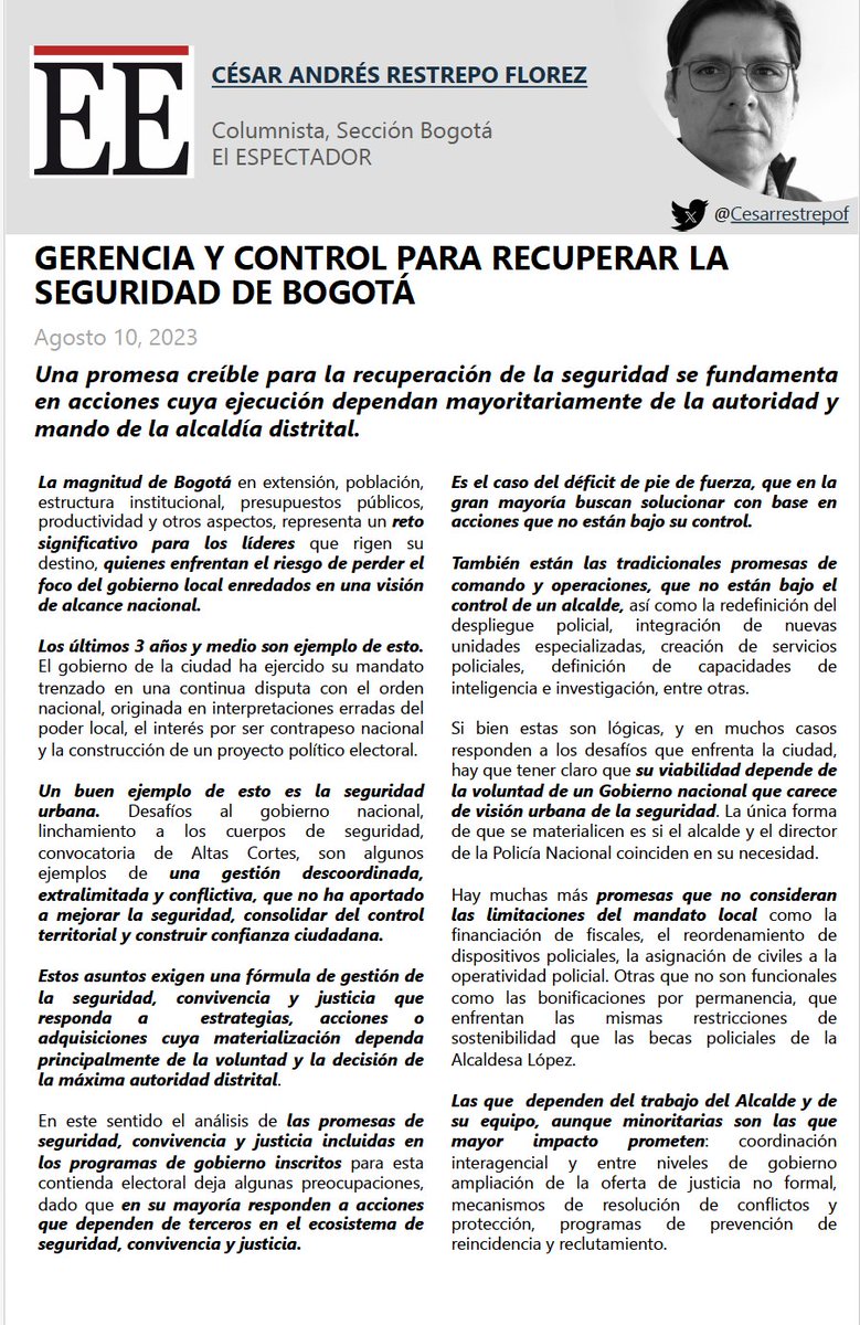 Cesarestrepof's tweet photo. 🫤¿Qué debilitó el liderazgo en seguridad de @bogota?

🤔¿Entienden los candidatos el alcance de su mandato en seguridad para gobernar @Bogota?

🔍¿Cómo pueden lograr que su promesa de seguridad sea realidad?

🚩🚩GERENCIA Y CONTROL,  esta semana en ... 
https://t.co/WYEuPmwPQS https://t.co/8i1g6Xx6xb