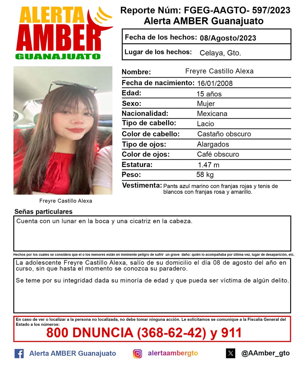 AAMBER_gto's tweet photo. Activación de la Alerta AMBER Guanajuato de la adolescente Freyre Castillo Alexa de 15 años de edad, Celaya, Gto. ¡Ayúdanos a localizarla! https://t.co/3nwUNcaakI
