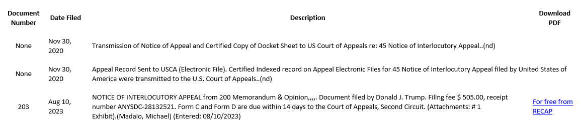 TimInHonolulu's tweet photo. In SDNY Carroll v Trump II, Trump filed a notice of #interlocutory appeal of the order dismissing his counterclaim. I don't think the 2nd Cir will take long dismissing it on grounds Trump hasn't gotten leave to appeal and it's not a final judgment. Let's wait and see. https://t.co/43gQW9X9d7