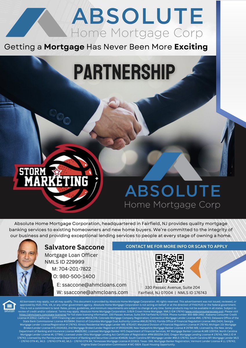 Storm Marketing is excited to announce our new partnership with Absolute Home Mortgage Corp, contact Salvatore Saccone for your mortgage loan needs!
