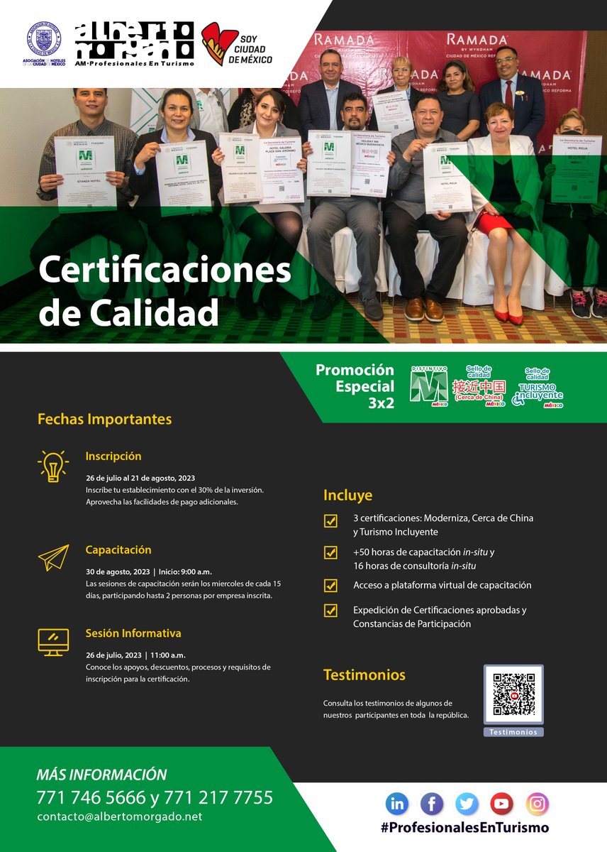 Las #CertificacionesDeCalidad ayudan a incrementar tus ventas y a la fidelización del cliente, entre otros beneficios.
<a href="/AMProfEnTurismo/">AM · Profesionales En Turismo</a> te prepara para obtener 3 certificaciones al precio de 2: Moderniza, Cerca de China y Turismo Incluyente.
#SoyCiudadDeMexico