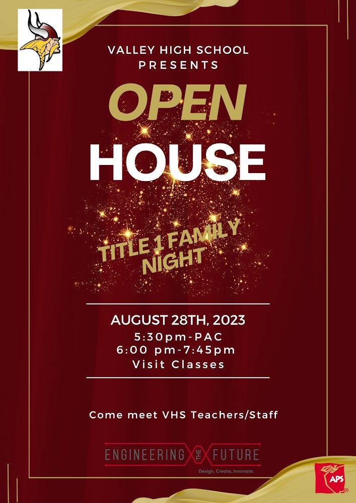 VikingsVhs's tweet photo. VHS Open House/Title 1 Annual Meeting. We look forward to seeing our families. 😊@EtFatVHS @ValleyHighScho6 @Zone2Assoc8 https://t.co/4nXQ8ys1dl