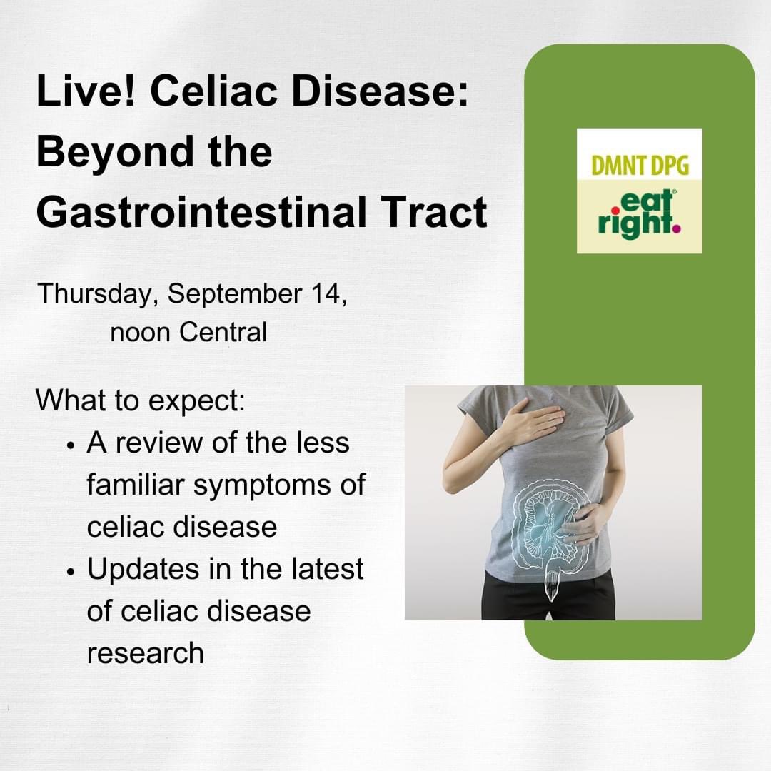 dmnt_dpg's tweet photo. https://t.co/RfPhpsPcql
Register today for an upcoming webinar presented by gluten-related disorders experts Jessica Lebovits and Meghan Donnelly.
#digid #dmnt #eatrightpro https://t.co/qYJgt8wtsM