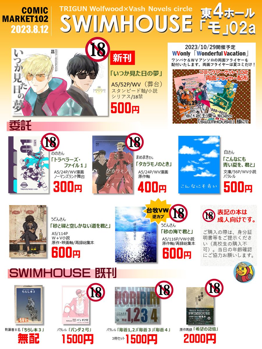 tap23pa's tweet photo. 8/12（1日目）夏コミのラスト告知です。C102/東４ホール「モ」02a「SWIMHOUSE」トライガンWV（牧台）（葬台）小説サークル/18禁あり　新刊は葬台小説（18禁）です。WVwebオンリー「Wonderful Vacation」さんのチラシも配付します。https://t.co/eMoDi4Tq6y　参加の皆様、どうぞよろしくお願いします！ https://t.co/cZ7KlC4Ivv
