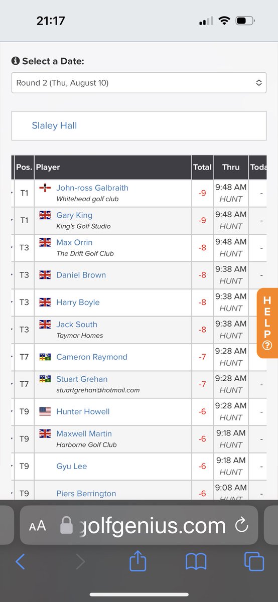 Second round 69 to go with first round 66 has JR tied for the lead with final round tomorrow @clutchprotour @SlaleyHall all @GolfWhitehead are wishing him every success 👍