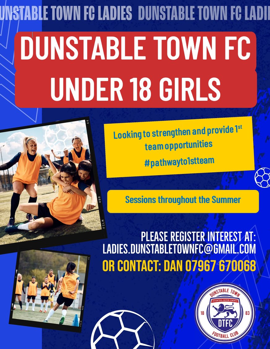 DTFC u18s Girls are recruiting.

Are you year 11, 12, 13 or aged 16, 17, 18 next season?

Message if you're interested in joining the DTFC pathway.  

We've Wildcats, u10, u12, u14 &amp; the Ladies.

Training Monday evenings. Matches Saturday mornings.

<a href="/BedsFA/">Bedfordshire FA</a>  <a href="/DunstableTownFC/">Dunstable Town FC #tOWNtogether</a>