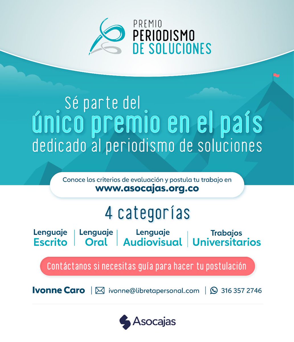 ¡La convocatoria del premio de periodismo de soluciones de Asocajas está abierta hasta el 31 de agosto!

Un reconocimiento que busca contribuir con el oficio del periodismo desde un enfoque social, destacando a los periodistas que a través de sus historias van más allá de las