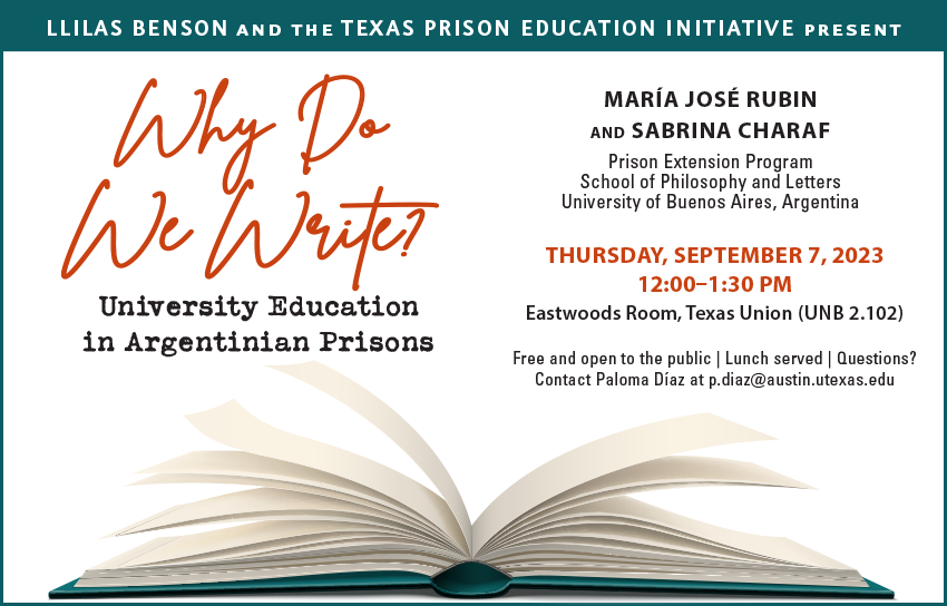 llilasbenson's tweet photo. Join us 
Why we do write?
University Education in Argentinian Prisons
Sept. 7 |12pm | Eastwoods UNB 2.102
@UTAustin  Lunch included
MAP: https://t.co/pdhDeuIVxb https://t.co/LUhvKD5cMo