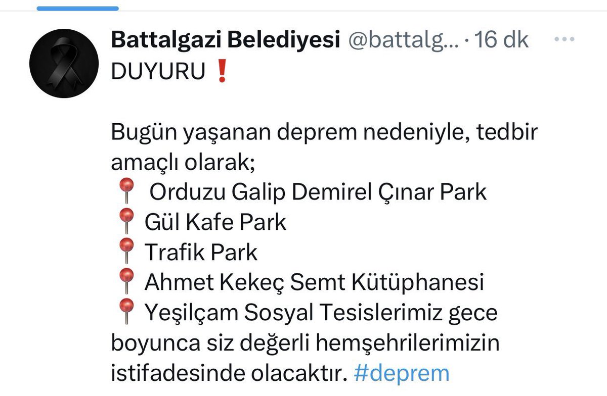 #Malatya Büyükşehir Belediyesi, Battalgazi Belediyesi ve Yeşilyurt belediyemizin açık olan sosyal tesisleri aşağıdadır. Tüm tesisler sabaha kadar açık olacaktır. #Deprem