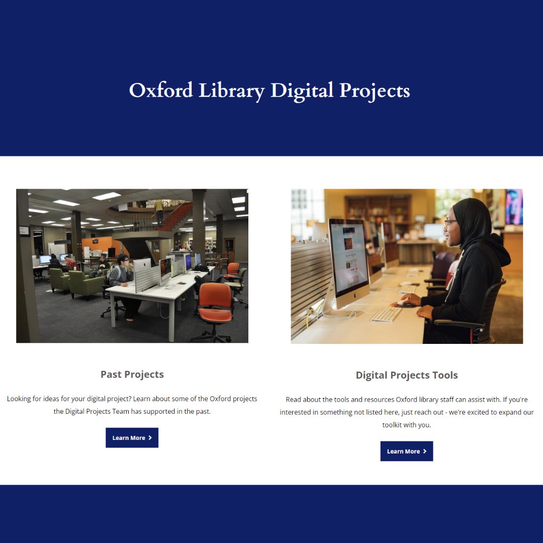 OxLibrary's tweet image. Looking for tools or ideas to help with your next digital project? Check out the Oxford College Library's newly launched Digital Projects site to get started, linked in our bio ✨