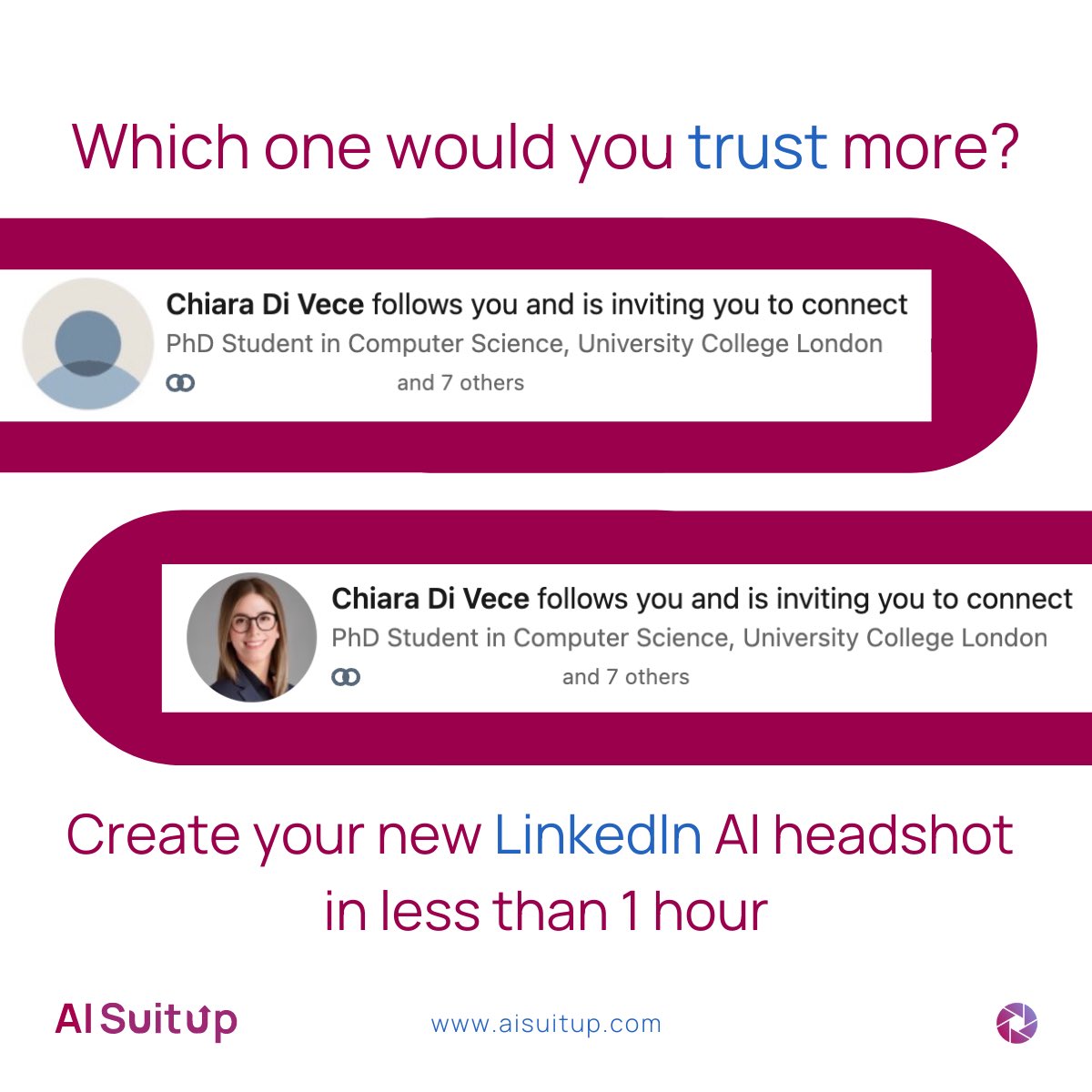 Impact of a Profile Picture✨ 

📸 Did you know that having a profile picture increases your visibility on LinkedIn by 22 times? 

So, what are you waiting for? 
🤖Generate your new profile picture with AI, in less than one hour on aisuitup.com 

#GenerativeAI #career
