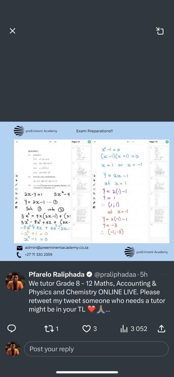 praliphadaa's tweet photo. We tutor Grade 8 - 12 Maths, Accounting & Physics and Chemistry ONLINE LIVE. Please retweet my tweet someone who needs a tutor might be in your TL ❤️🙏🏽

WhatsApp no 0793671347

#princekaybee President Zuma BREAKING NEWS Rand 23rd of September Pearl Thusi Lungelo Mshololo #PodcastAndChill Afriforum AIDS Eskom Mashaba