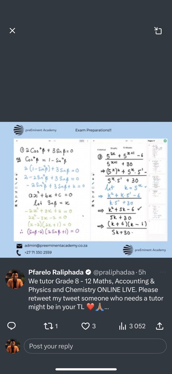 praliphadaa's tweet photo. We tutor Grade 8 - 12 Maths, Accounting & Physics and Chemistry ONLINE LIVE. Please retweet my tweet someone who needs a tutor might be in your TL ❤️🙏🏽

WhatsApp no 0793671347

#princekaybee President Zuma BREAKING NEWS Rand 23rd of September Pearl Thusi Lungelo Mshololo #PodcastAndChill Afriforum AIDS Eskom Mashaba