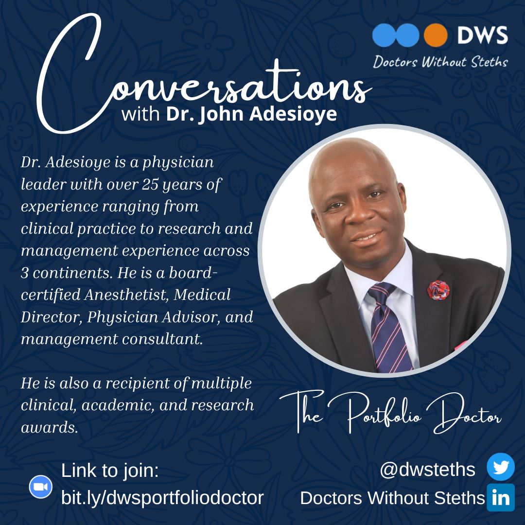 dwsteths's tweet photo. If you consider yourself a generalist that loves clinical practice, but would like to engage in other role, this may just be the path to consider.

For our next #DWSConversation, we have Dr John Adesioye, MD MSc CHCQM-PHYADV sharing his career journey building a portfolio career. https://t.co/NPTS14icep