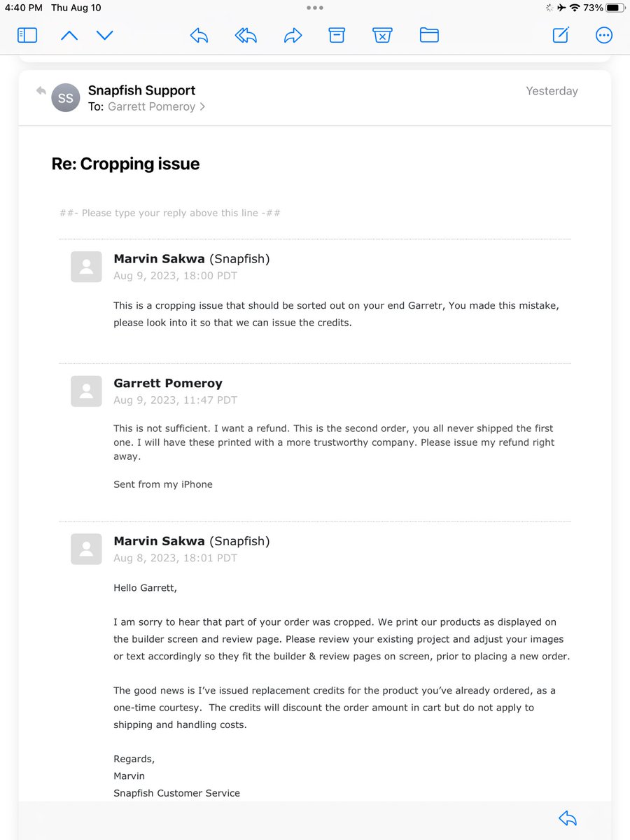 GareNYC's tweet photo. @SnapfishUS Oh I did! I received this VERY professional response https://t.co/2cOjOObZqV