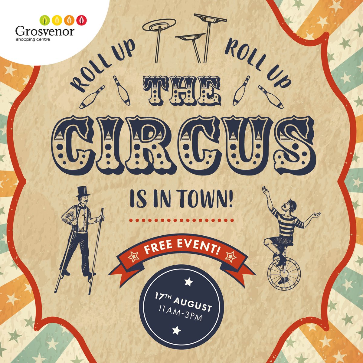 Roll up roll up, the Circus is coming to <a href="/GrosvenorMacc/">Grosvenor Shopping Centre</a>! 🎪

Head down and join our Ring Master on 17th August, from 11am -3pm and learn basic circus skills, all taught by a professional circus trainer! ⭐️

For more info visit: bit.ly/3OhQNB9