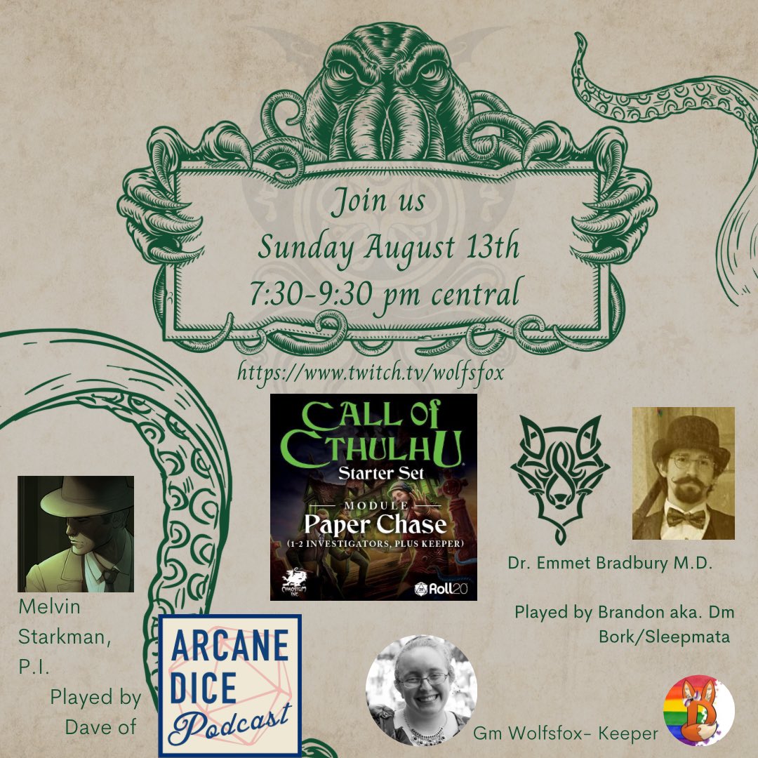 WitchFoxVT's tweet photo. This Sunday we are back to streaming with a double feature. Join your fox &amp; wolf duo as we make our way through the Bauldr’s Gate series. Then join us in the evening as @ArcaneDice joins us for an #actualplay of #callofcthulhu as we run Paper Chase. Hope you can join us! https://t.co/3MtxwqZZGW