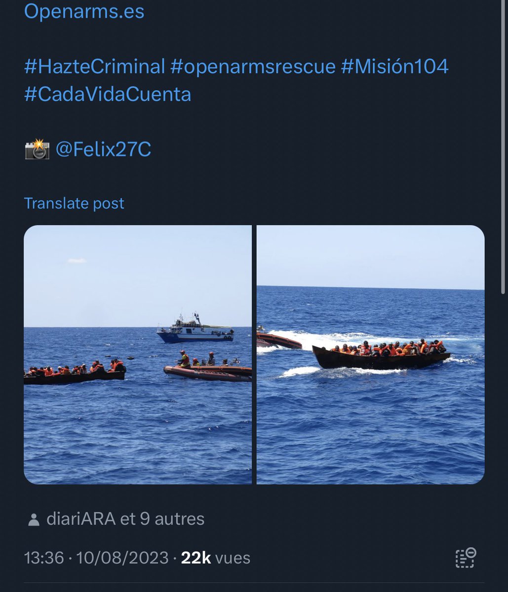 DamienRieu's tweet photo. 🔴⚠️  Grosse gaffe : dans son dernier tweet, l’ONG d’extrême-gauche @openarms_fund a oublié de cacher la photo d’un « bateau de pêche » lors de leur sauvetage. 

👉 Que fait-il ici ? ⤵️
En fait c’est celui des mafias de passeurs : il sert à remorquer la barque, à déposer les clandestins pour mettre en scène la détresse et parfois à récupérer le bateau à la fin de l’opération pour le réutiliser. 

👍 Mais ça suffit pour faire croire à un sauvetage et avoir les larmes de crocodiles européennes… en empochant 1000€ par « naufragés » (ici 38 000 €).
