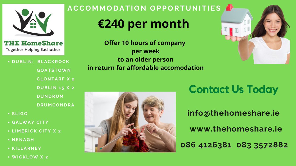thehomeshare_ie's tweet photo. As the rental sector crisis continues &amp; we approach the beginning of another academic year which add further pressure, we encourage people to consider #homeshare 
✅Offer 10 hrs p/w of company &amp; a helping hand 
        around the home
✅Save for your own home
✅Make a difference https://t.co/xzOGMeDZwH