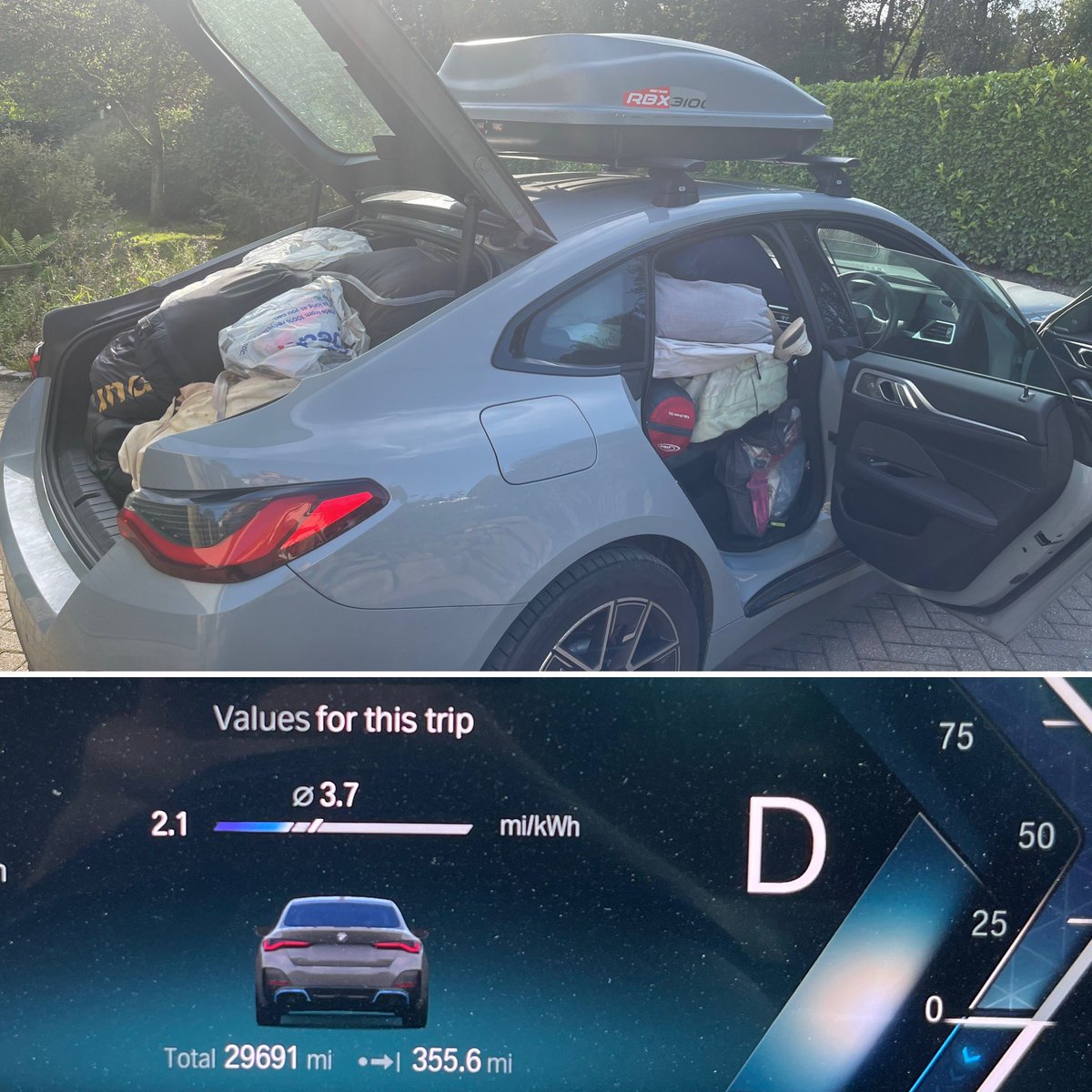 Amazing machine my <a href="/BMW_UK/">BMW UK</a> #i4 355 miles from Cornwall to Lancashire fully loaded with 2 adults, a teen, a week of holiday gear and a <a href="/glawning/">Glawning</a> 5m tent with stove all packed in. At 70mph cruise most of the trip the car did 3.7miles per kw…amazing! 300 miles of range fully loaded