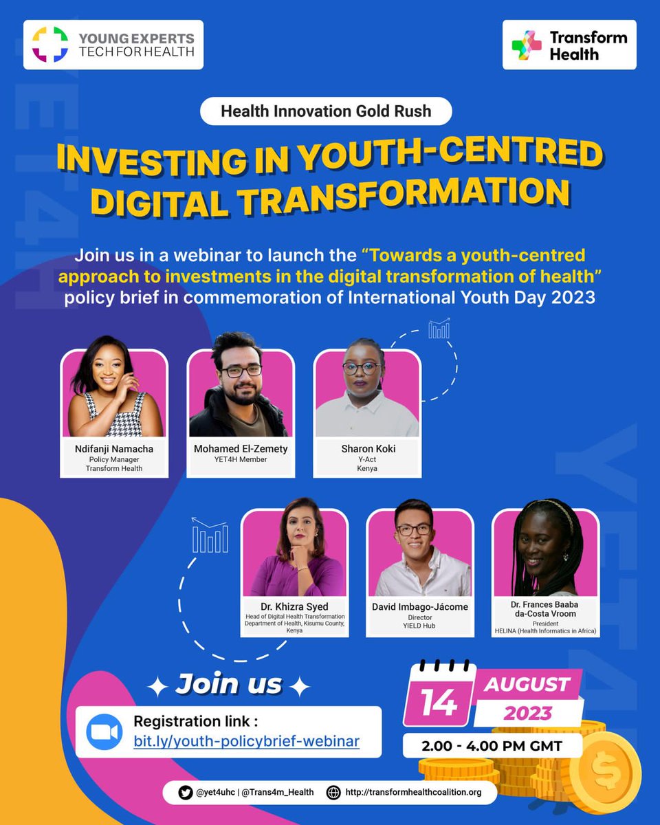 Celebrate #InternationalYouthDay and the launch of our *policy brief on youth-centred digital health investments* in this upcoming webinar, co-hosted by Young Experts: Tech for Health and Transform Health! 🥳

📆 Monday 14 Aug 2 pm GMT
🔗 bit.ly/youth-policybr…
<a href="/Trans4mHealthKe/">Transform Health Kenya</a>