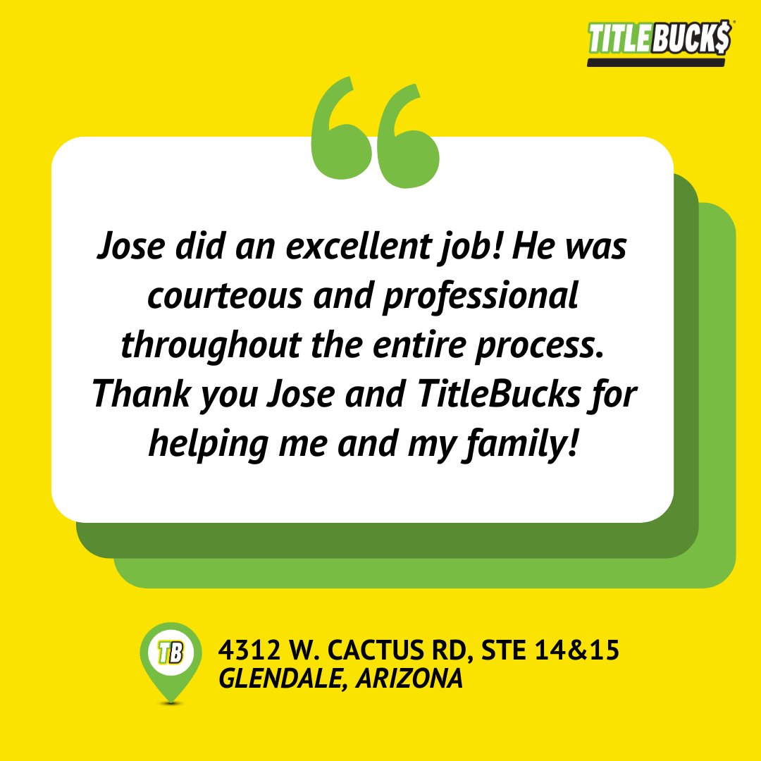 We strive to offer exceptional customer service at #TitleBucks. Jose and the team at our #Glendale #Arizona location are going above and beyond for their customers! Come see them at 4312 W. Cactus Road.