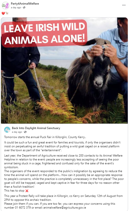 AnimalPartyIE's tweet photo. 💔🐐
LEAVE IRISH WILD 
ANIMALS ALONE!

#BanPuckFair
#puckfair 
PROTEST RALLY AGAINST PUCK FAIR
#Killorglin Co #Kerry - at #KingPuck Statue 
SATURDAY FROM 14:00-16:00
Share:   https://t.co/P6JIvdc9lp
#LE2024
#EU2024 https://t.co/G0GmBK05MB