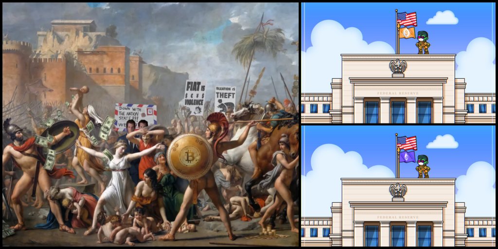 RogerDickerman's tweet photo. A New Era? 

Open Edition does not do today's @deekaymotion x @CozomoMedici collaboration justice.

Instead it feels like the next pillar of a larger movement.

Flash Back:
The date is November 6, 2020. 

The setting is @niftygateway, a new and ambitious platform with the goal of onboarding 1 billion collectors.

The artist is @slimesunday presenting an artwork entitled The Last Stand of the Nation State. A collage based on Jacques-Louis David's The Intervention of the Sabine Women, it captures the zeitgeist of the moment, a bold Bitcoin visible on a central Roman soldier's shield.

Nifty Gateway Co-Founder @dccockfoster:
"Crypto isn't just a technology, it's a revolution. This artwork captures the revolution."

In an at-the-time small crypto art space, it is offered as a $40 open edition, reaching 415 collector's hands, a very significant number.

The artwork is consistently referred to as one of the all-time Nifty Gateway grails and representative of an era.

Flash Forward:
The date is August 10, 2023.

The setting is @coinbase, an established site with a new and ambitious @BuildOnBase with the goal of onboarding 1 billion collectors.

The artist is @deekaymotion in collaboration with esteemed collector @CozomoMedici presenting two artworks entitled "New Era". DeeKay displays his animated wizardry to a figure of Cozomo emphatically stamping ETH and BTC flags onto the Federal Reserve.

DeeKay:
"It's time to embrace a new era where digital currency defines the future. Let's recognize and accept the significance of decentralization, broader opportunities, streamlined processes, and worldwide reach. The future is now."

In a larger - but still small - crypto art space, it is offered as an $18 open edition, and will reach tens of thousands of collector's hands, a very significant number.

Aside from market data, the artworks feel destined to matter. I'd be surprised if they are not looked back on similarly to Last Stand when all is said and done. Symbols of an era.

Bravo DeeKay and Cozomo! 

You brilliantly captured the zeitgeist at exactly the time we all needed it.