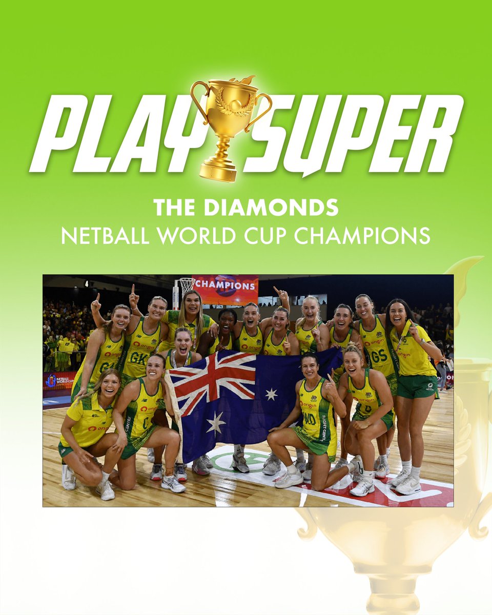SuperChampsHQ's tweet photo. Congratulations to the @AussieDiamonds for winning the #NetballWorldCup 2023! This is Australia’s 12th win as they defeated England with a 61-45 victory. https://t.co/3CJqNl4iR0