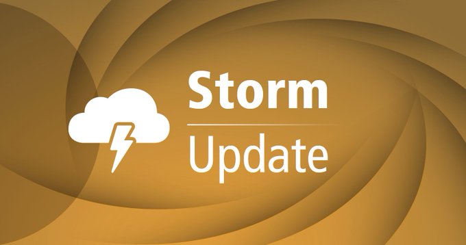 Graphic with a brown background with white text that reads "Storm update" A pictogram of a storm cloud is on the left side.