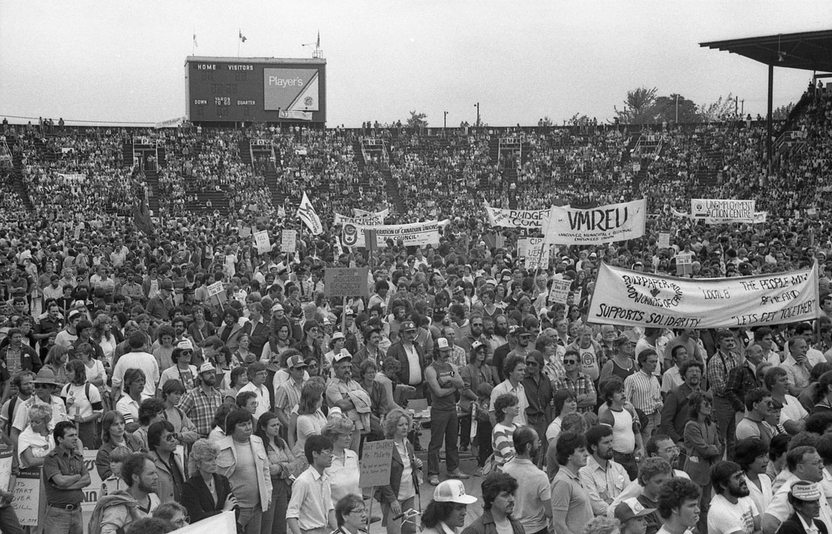 BC_LHC's tweet photo. TODAY IN LABOUR HISTORY: August 10, 1983 - 40,000 strong at Empire Stadium #Vancouver vented outrage @ BC govt attempt to re-write the social contract. Most of the city shut down. Photographer unknown.  #bchist #bclab #OperationSolidarity https://t.co/T5LTw22y9t